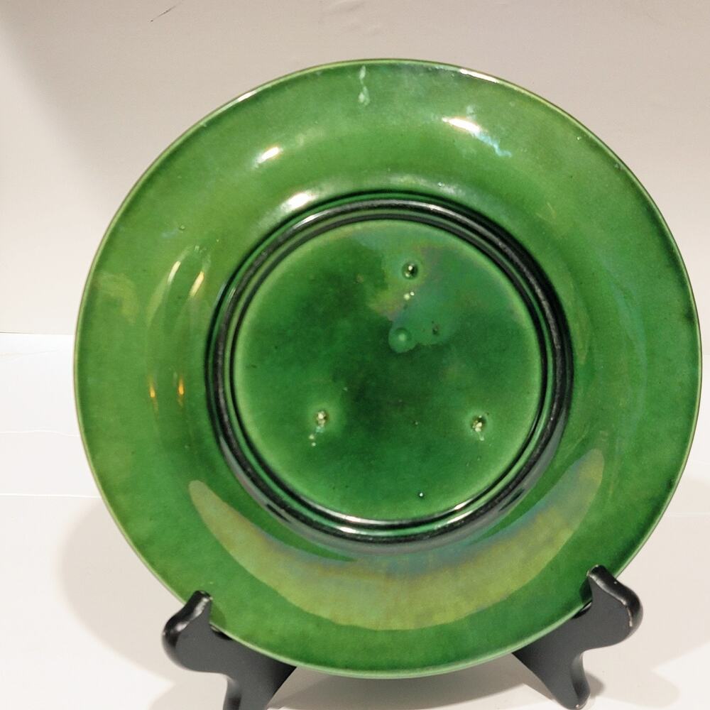 Antique Deep Green Majolica Plate Raised Leaf & Tendril Pattern 19th Century - Picture 6 of 6